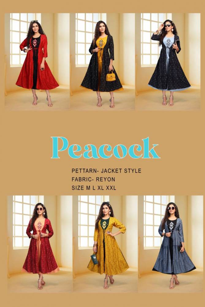 Ft Peacock Casual Wear Rayon Kurtis With Attached Jacket Collection
